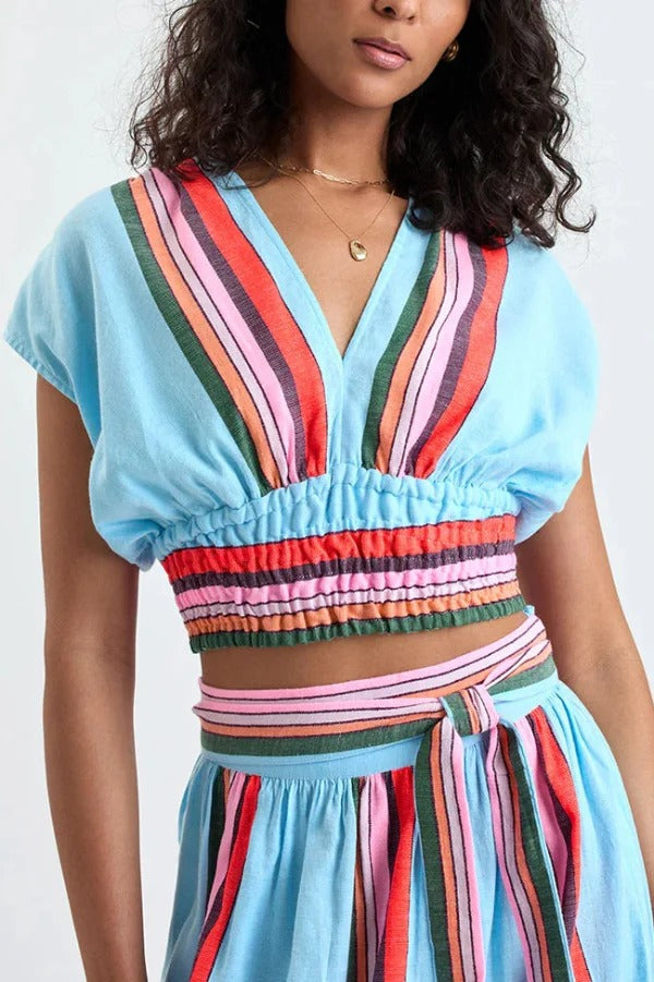Stylish Striped Print V-neck Cropped Top and Elastic Waist Casual Maxi Skirt Set