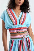 Stylish Striped Print V-neck Cropped Top and Elastic Waist Casual Maxi Skirt Set