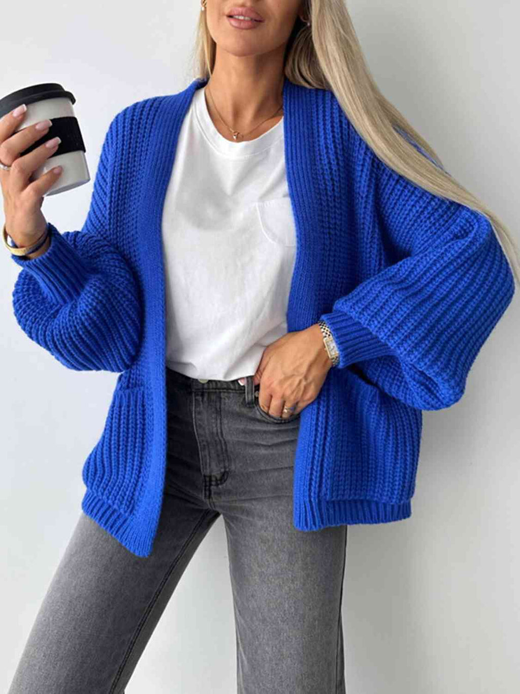 Solid Color V-neck Long-sleeved Casual Knitted Cardigan