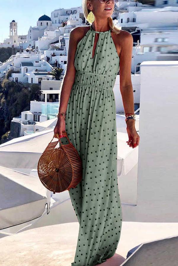 Women's fashionable and elegant vacation style printed large hanging neck design with a sense of long skirt