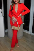 Luxe Lifestyle Single Button Lapel Blazer and Elastic Waist Pocketed Straight Suit Pants Set