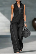 Solid Color Sleeveless Stand Collar Casual Pocket Loose Wide-leg Jumpsuit