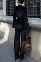Cool Girl Energy Velvet Long Sleeve Belted Lapel Coat and Elastic Waist Pocketed Loose Pants Set