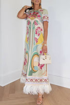 Jazlynn Satin Colorful Baroque Style Printed Short Sleeve Feather Trim Maxi Dress
