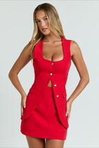 Square Neck Single Breasted Halter Sleeveless Fitted Skirt Set