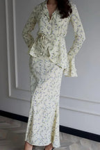 Long Sleeve Small Floral Waist Cinch Top Midi Skirt Two Piece Set
