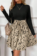 Black Ribbed Knit Patchwork Printed Belted A - line Dress