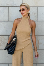 Green Halter Neck Top Pleated Wide Leg Pants Set