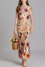 Tulle 3D Floral Embroidered Form-Fitting Midi Dress