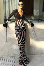 Colorblock Print V Neck Mesh Maxi Dress