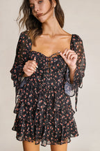 Black Floral Print Lace-Up Long Sleeve Tiered Mini Dress