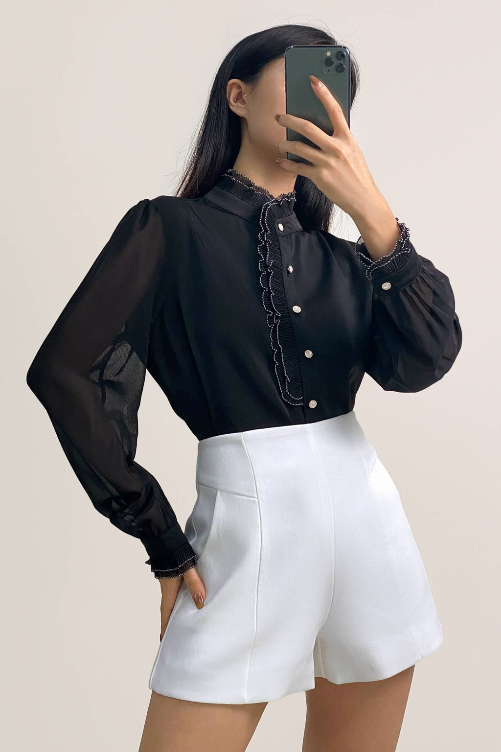 Black High Neck Ruffle Detail Button-Up Work Shirt