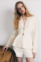 V Neck Long Sleeve Metal Button Split Hem Cardigan