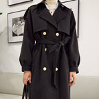 Black Double-Breasted Belted Lapel Collar Longline Coat