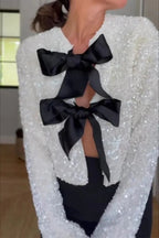 Bow Sequin Cut Out Long Sleeve Jacket