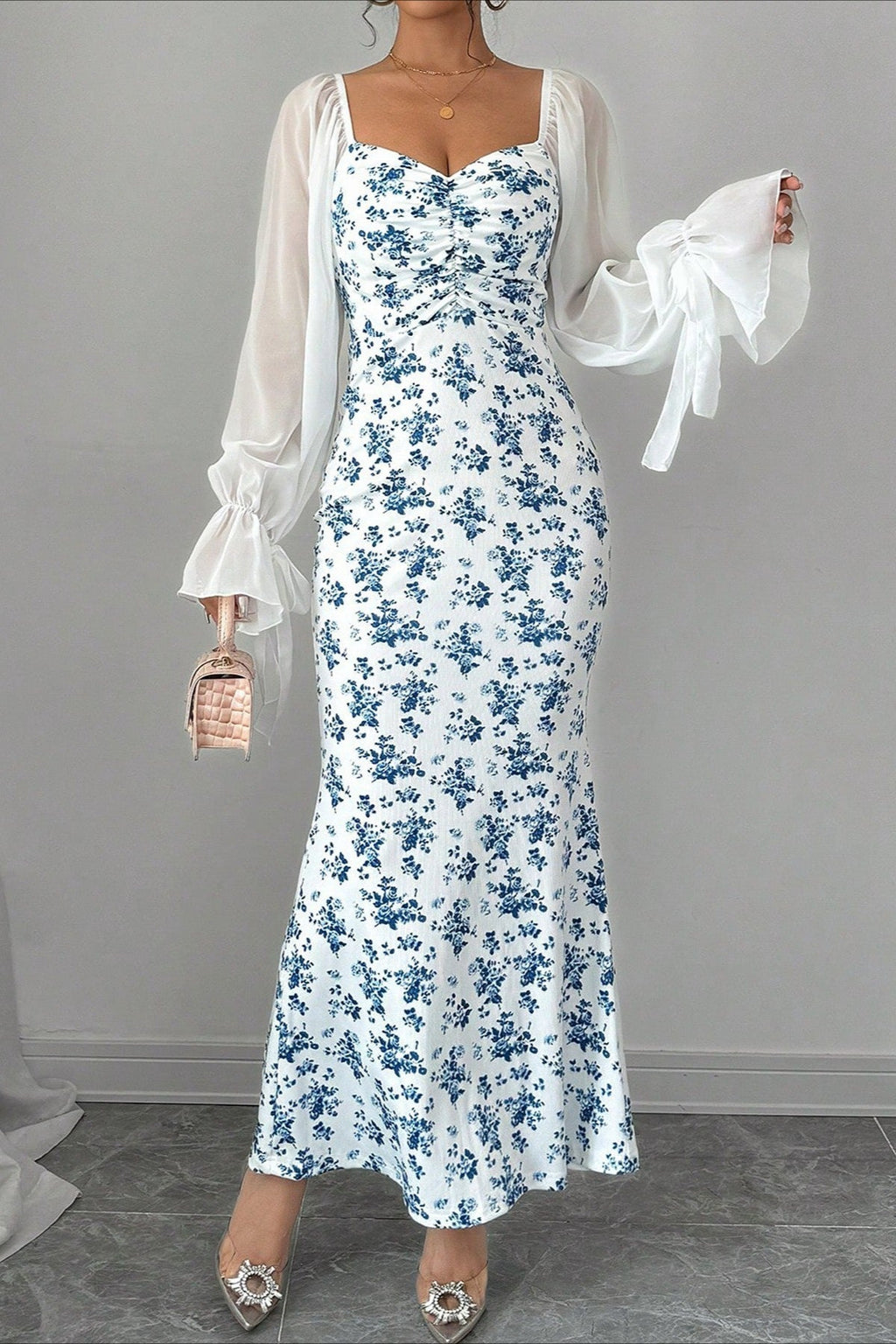 Chiffon Knit Patchwork V Neck Bodycon Floral Dress