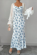 Chiffon Knit Patchwork V Neck Bodycon Floral Dress