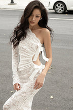 Sexy Lace One-Shoulder Bow Maxi Dress