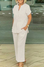 V-Neck Linen Casual Cropped Pants Set