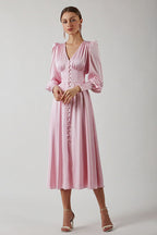 Vintage Satin Puff Sleeve Tailored Midi Dress