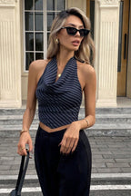 Elegant Stripe Halter Sleeveless Backless Draped Crop Top