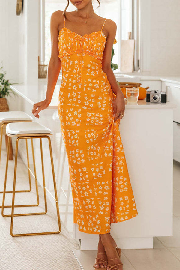 Starry Floral Print Lace Up Pleated Patchwork Zip Back Maxi Dress