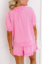 Women's Casual Puff Sleeve Top and Ruffle Shorts Set