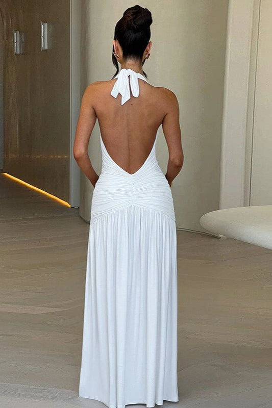 Halter VNeck Backless Ruched Slit Cocktail Dress