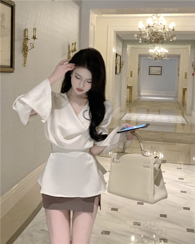 Beige Satin Cowl Neck Long Sleeve Blouse