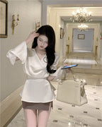 Beige Satin Cowl Neck Long Sleeve Blouse