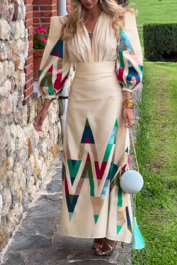 Vintage Geometric Print Padded Shoulder V-neck Waisted Maxi Dress