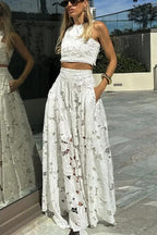 Next Trip Floral Embroidery Crochet Lace Elastic Waist Pocket Maxi Skirt