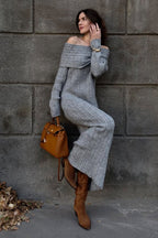 Solid Elegant Minimalist Off Shoulder Bodycon Knit Maxi Dress