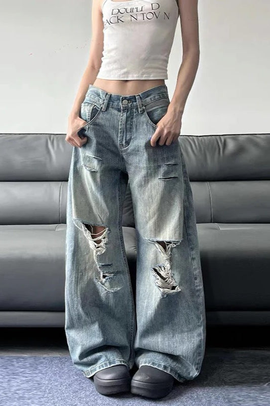 High Waist Ripped WideLeg Jeans