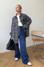 Vintage American Plaid Double-Pocket Mid-Length Blouse