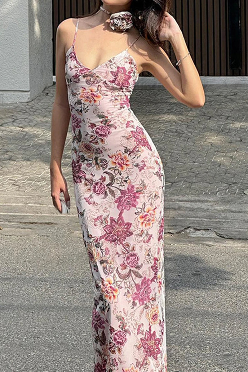 Backless VNeck Maxi Floral Dress