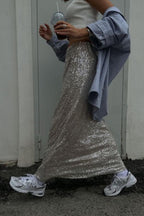 High Waist Sparkle Floor Length Sequin Skirt