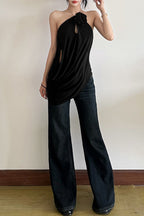 Solid Loose Flowy Halter Backless Blouse