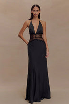 Deep V HighWaist Halter Backless Midi Silk Dress