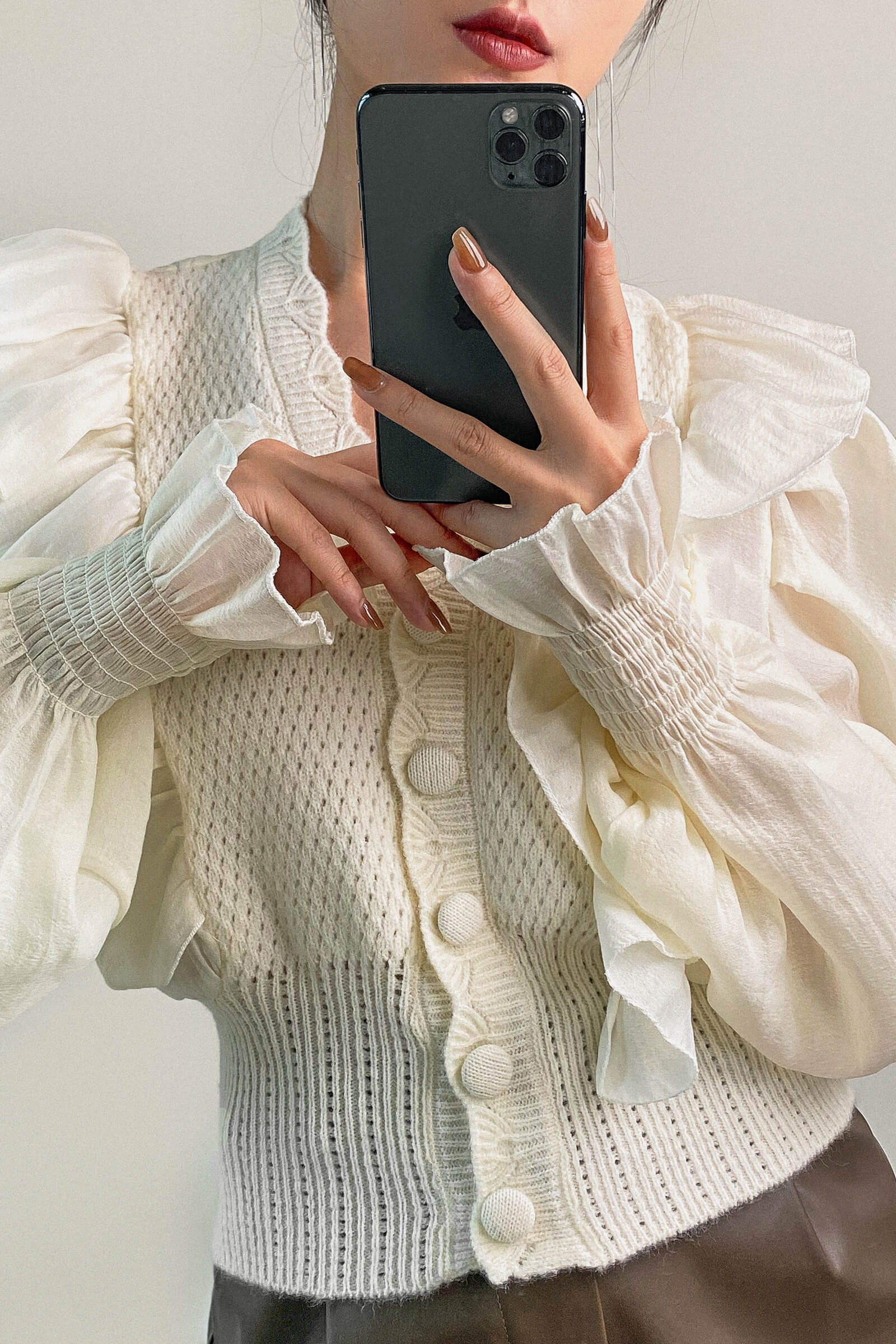 Beige Pointelle Knit Ruffled Chiffon Puff Sleeve Cardigan
