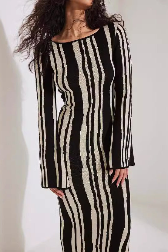Striped Contrast Slim Knit Sweater Dress