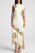Paris Dream Satin Lace Trim Irregular Design Drape Maxi Dress