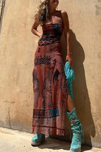Griselda Exclusive Midi Dress with a Unique Gypsy Style Print, Cowl Neckline At the Back, Lace Up Fastening and Slit Evening Wear Edit