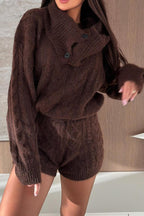 Diviano Cabble Knit Button Scarf Long Sleeve Sweater and Stretch Mini Shorts Set(3 Pieces)