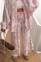 Ink Landscape Print Crinkle Shirt & Wide-Leg Pant Set