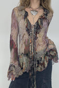Vintage Print Contrast Mesh Tie Blouse