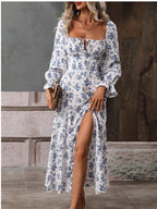 Grazia Timeless Square Neck Dress with Ruffle Sleeves and Floral Print Everyday Luxe Edit