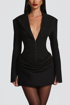 Solid Color Slim-fit V-neck Elegant Draped Formal Mini Dress