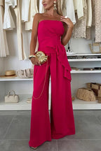 Elegant Solid Color Asymmetric Ruffles Bandeau Top and High Waist Wide Leg Pants Set