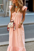 Wilma Minimalist Long V Neck Dress with Loose Hem and Ruffles Designer Edit